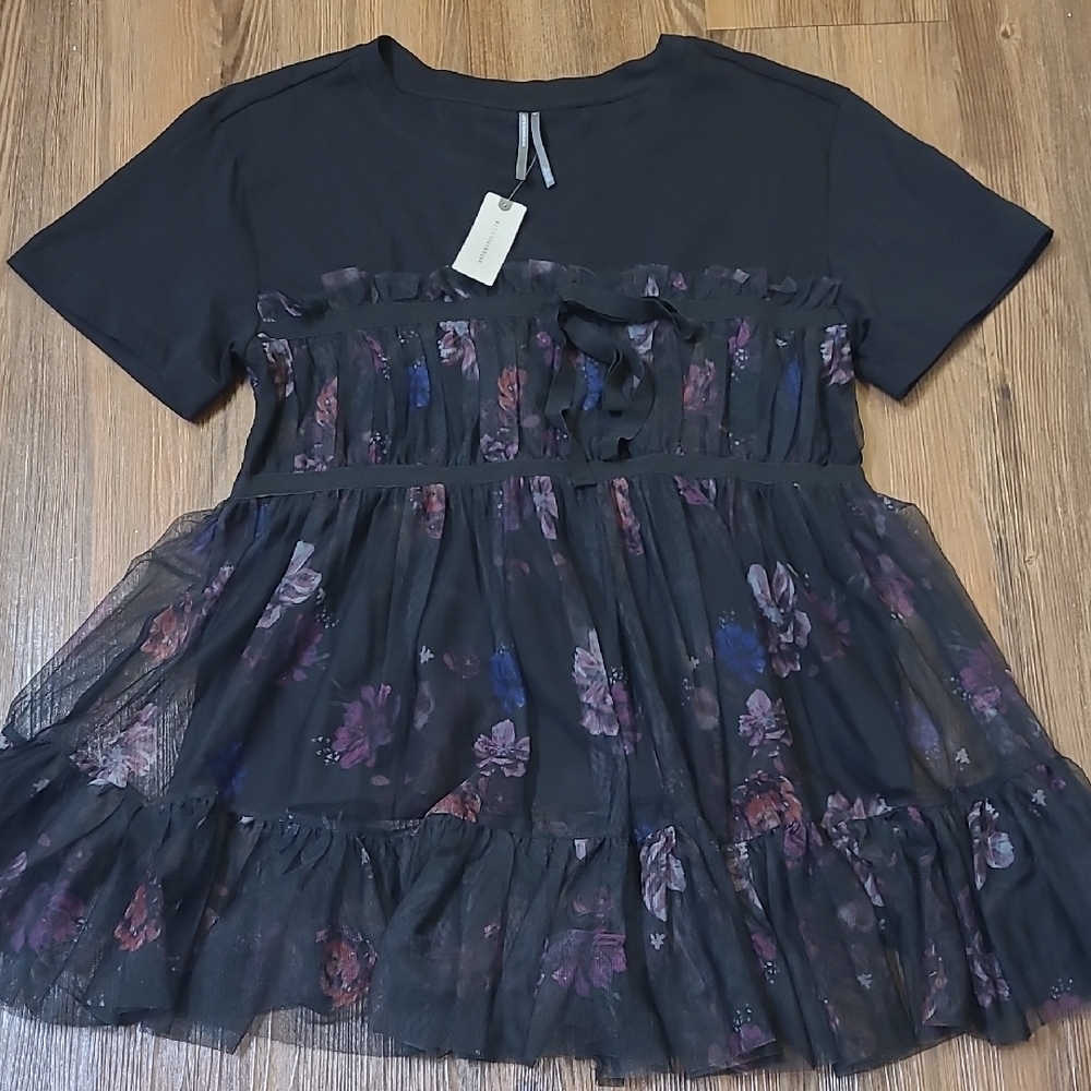 Anthropologie Black Floral Tiered‎ Tulle Dress
